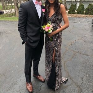 Primavera Black Embroidered Slim Prom Dress